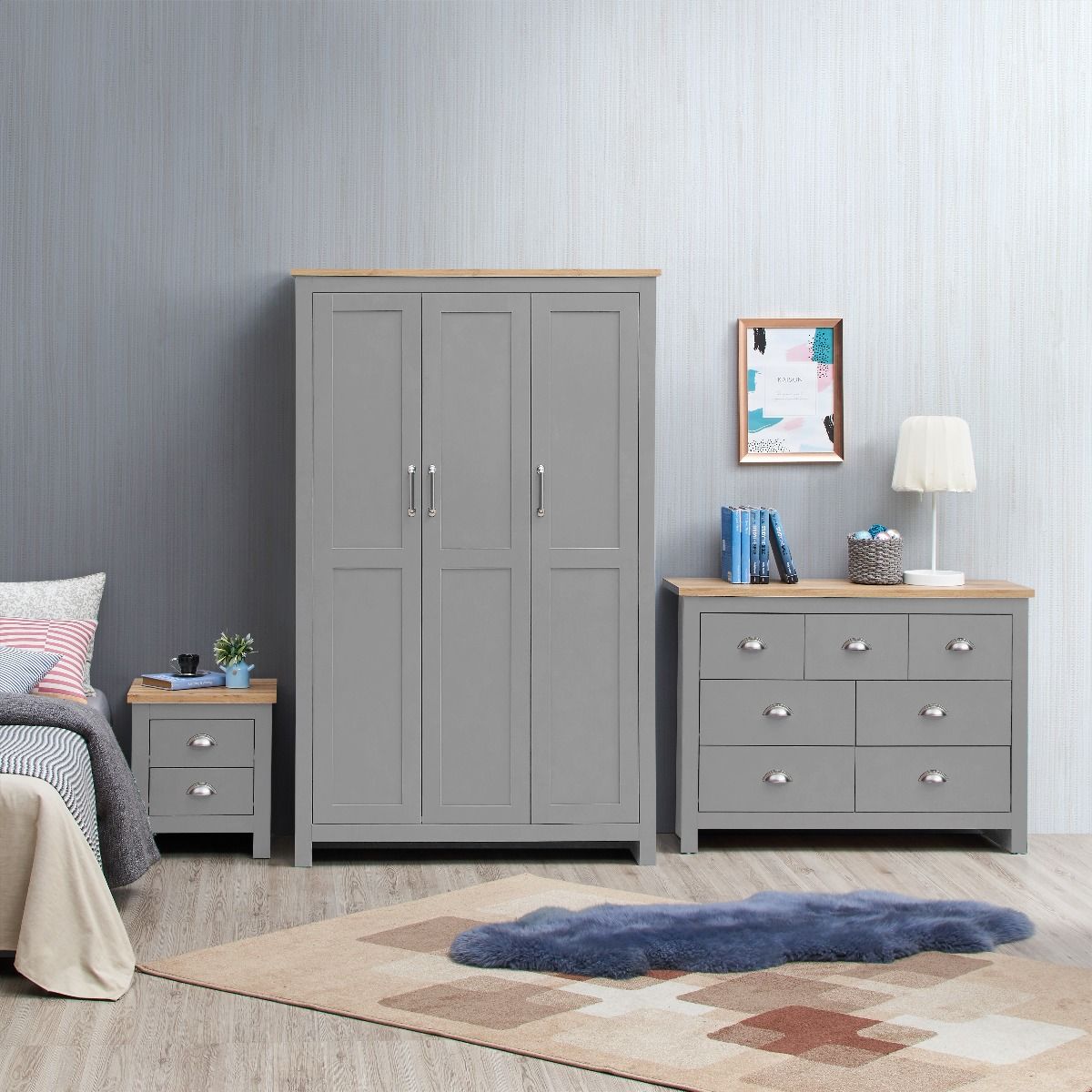 3 PIECE BEDROOM SET (3 DOOR WARDROBE, 3+4 CHEST, 2 DRAWER BEDSIDE)